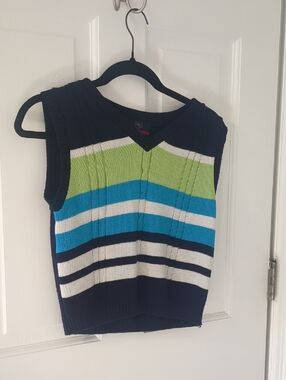Kids Navy Stripe Knit Vest Sweater - Blue, Green & White